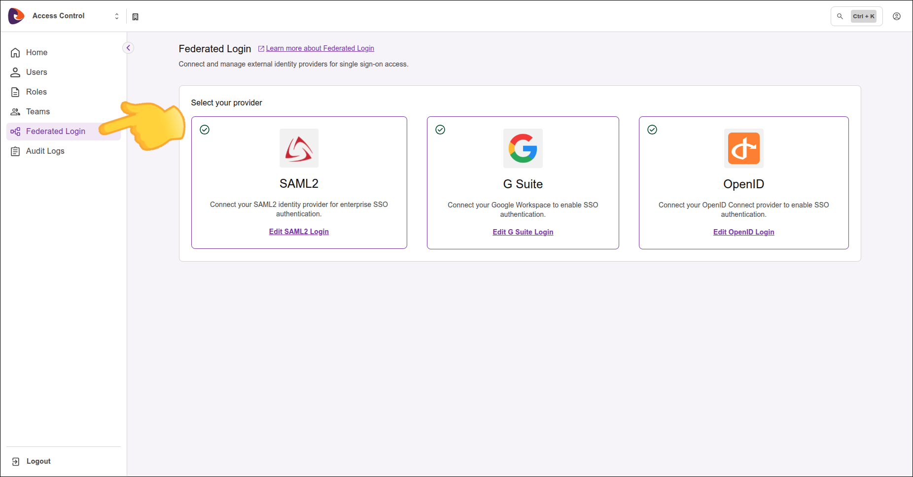 federated login configuration screen