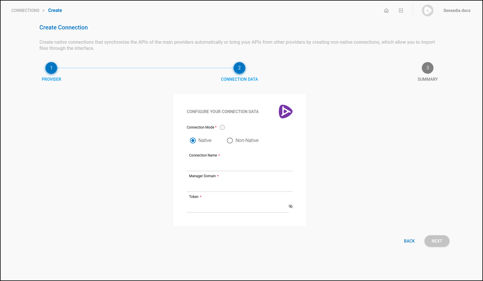 detail of the connection creation screen with step 2 for Sensedia gateways