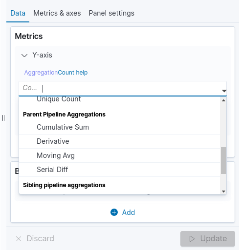 detail of the visualize screen highlighting the list of metrics and pipeline aggregations