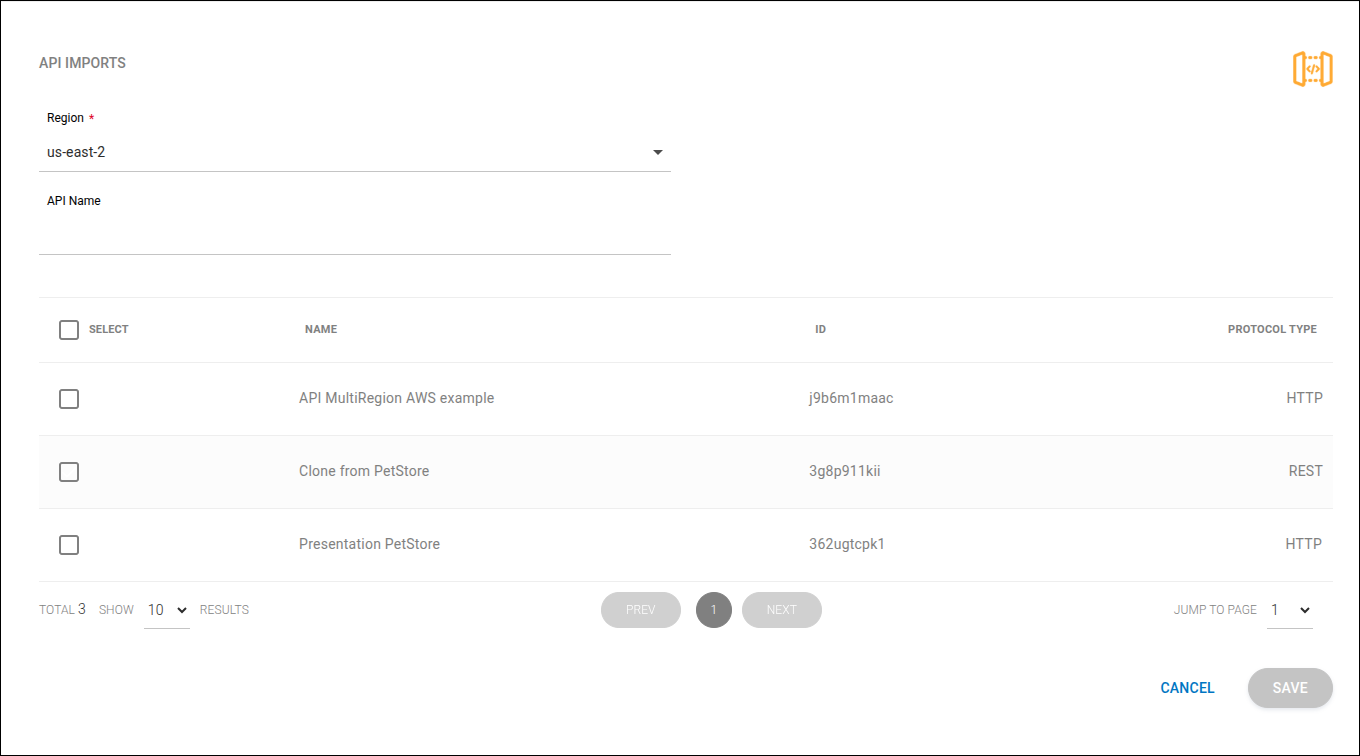 Import list showing the Type column with REST and HTTP