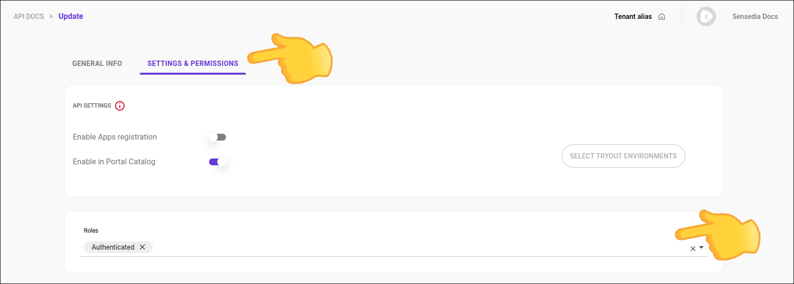 api docs update screen with settings and permissions tab and roles field highlighted