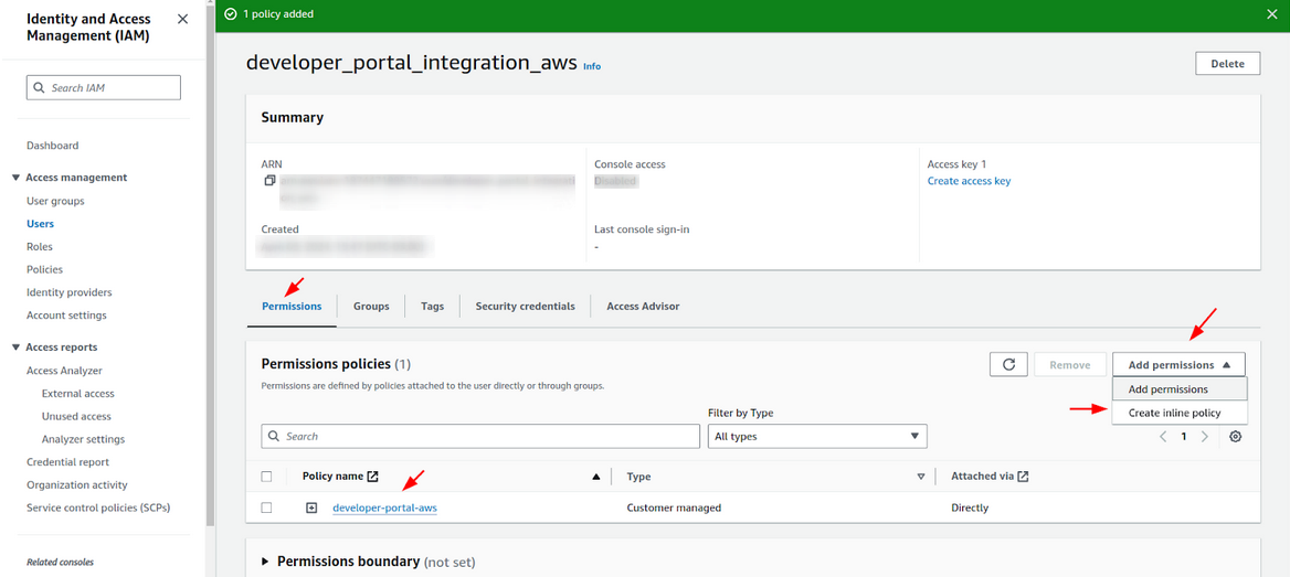 AWS management panel screen with the Permissions tab and Add permissions button highlighted