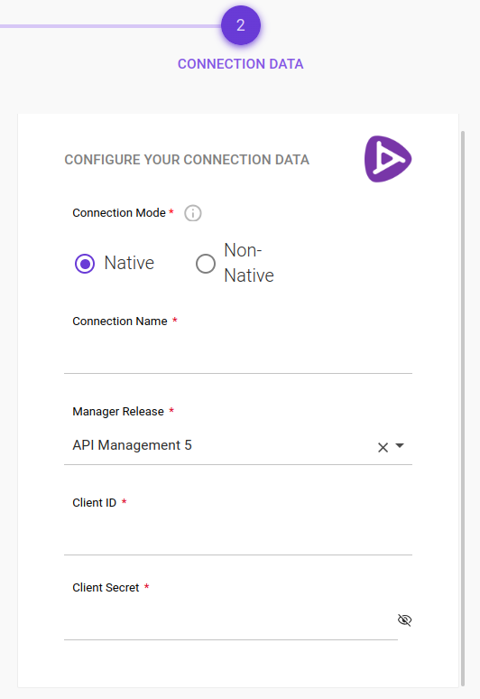 detail of the connection creation screen with step 2 for Sensedia gateways