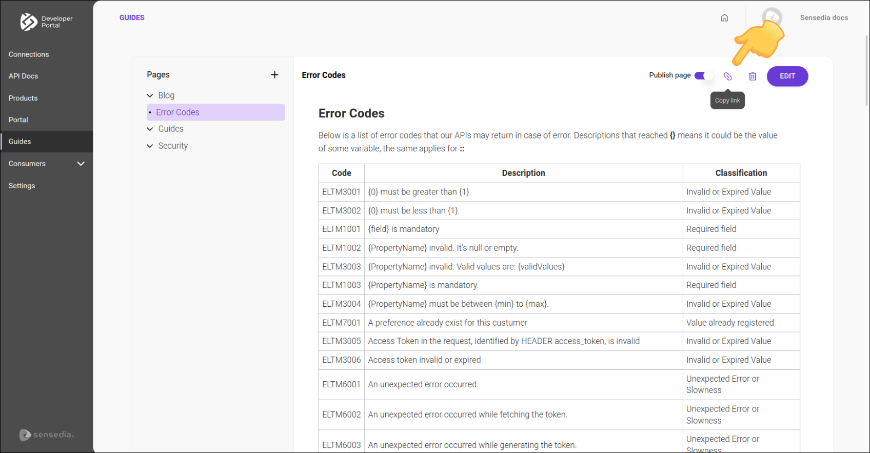 developer portal guides screen with page open to be edited