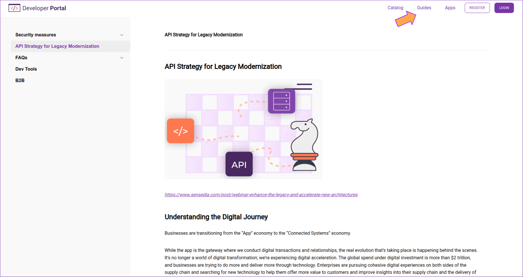 Portal screen with published pages highlighting guides