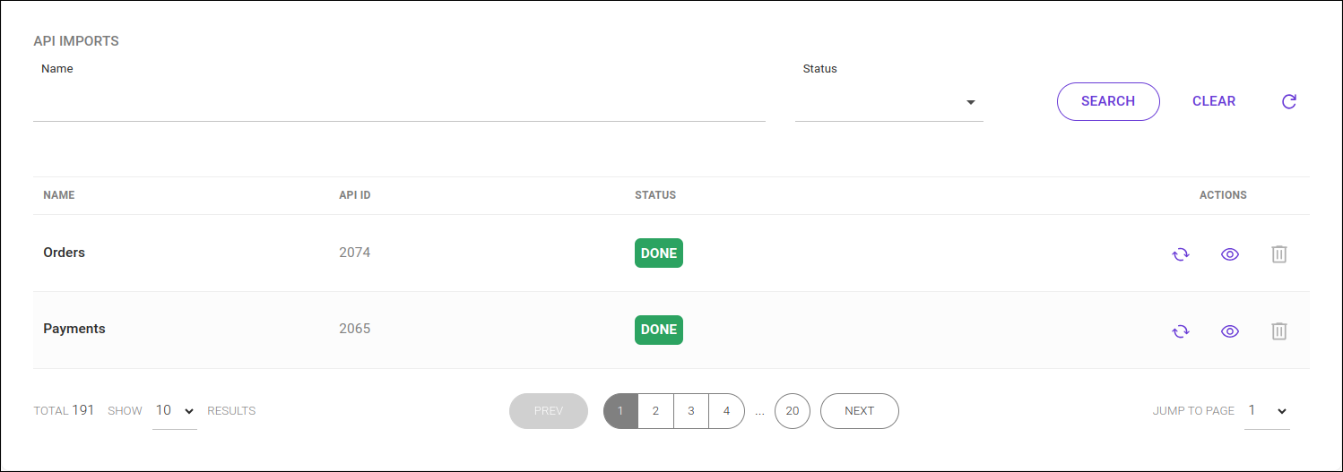 detail of the integrations screen with the api imports panel