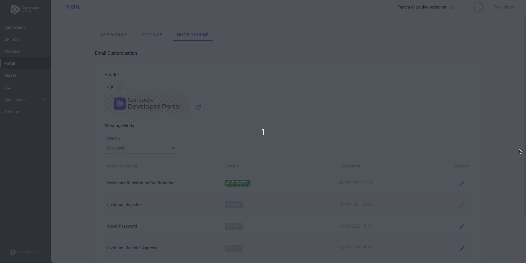 notification customization screen showing the App and Developer categories