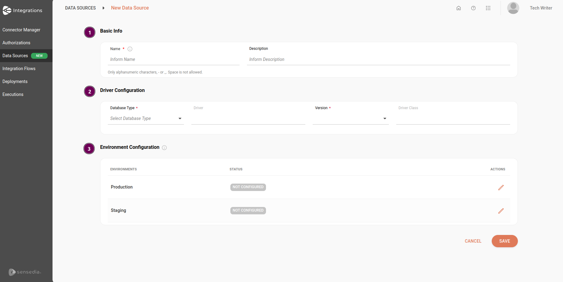 image of the New Data Source screen with the fields listed below