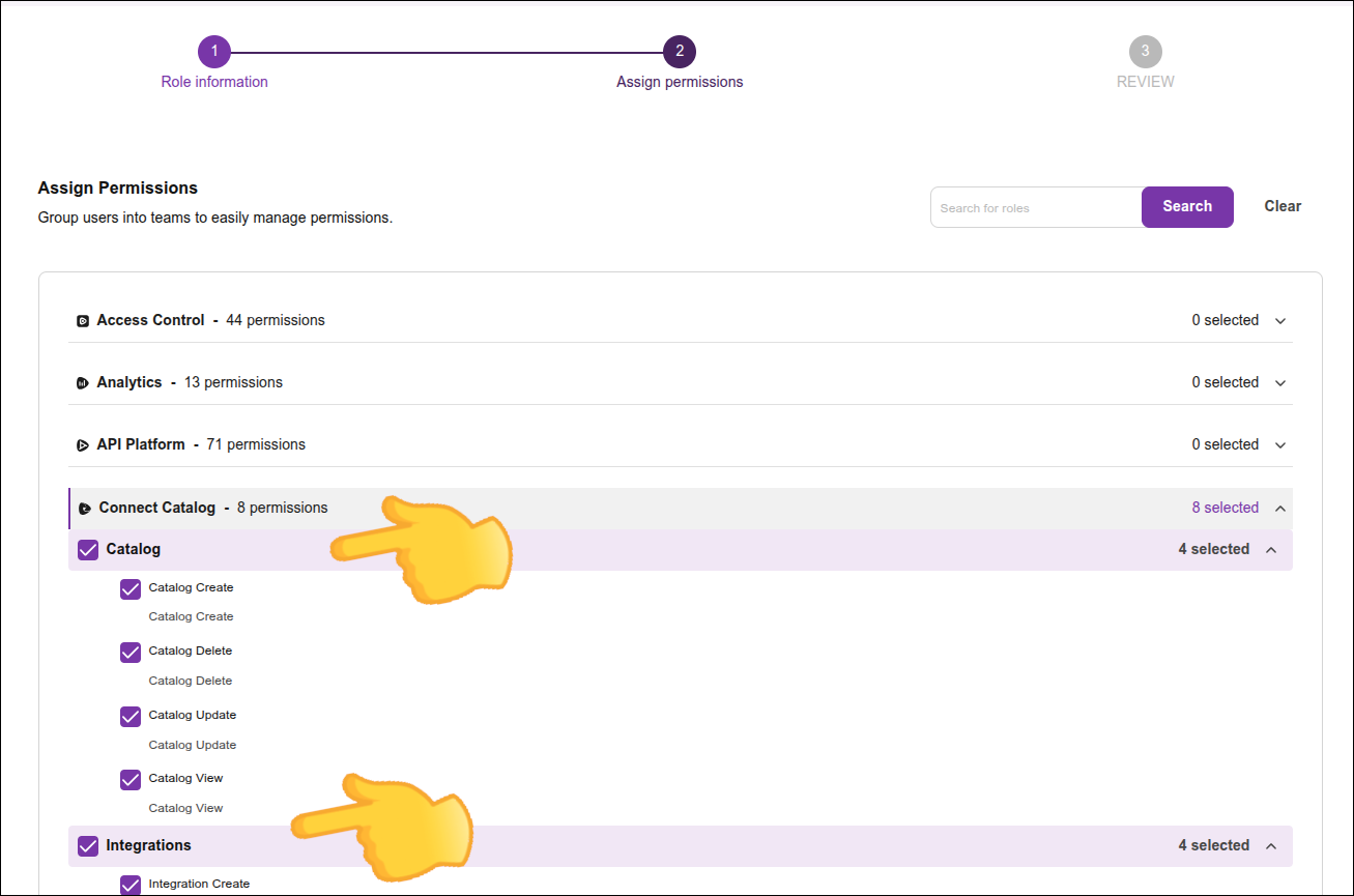 pantalla de permisos con el permiso Connect Catalog seleccionado