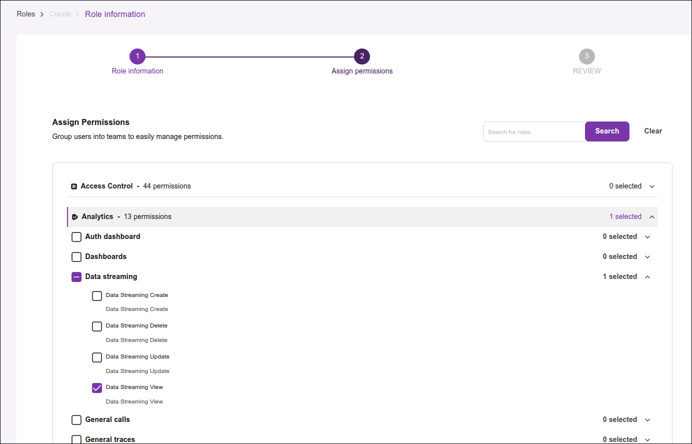 pantalla de permisos con el permiso Data Streaming View seleccionado