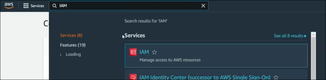 Detalle de la pantalla de búsqueda de la Consola de administración de AWS con el resultado de la búsqueda de IAM