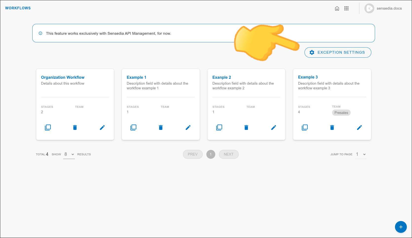 Botón de configuraciones de excepción