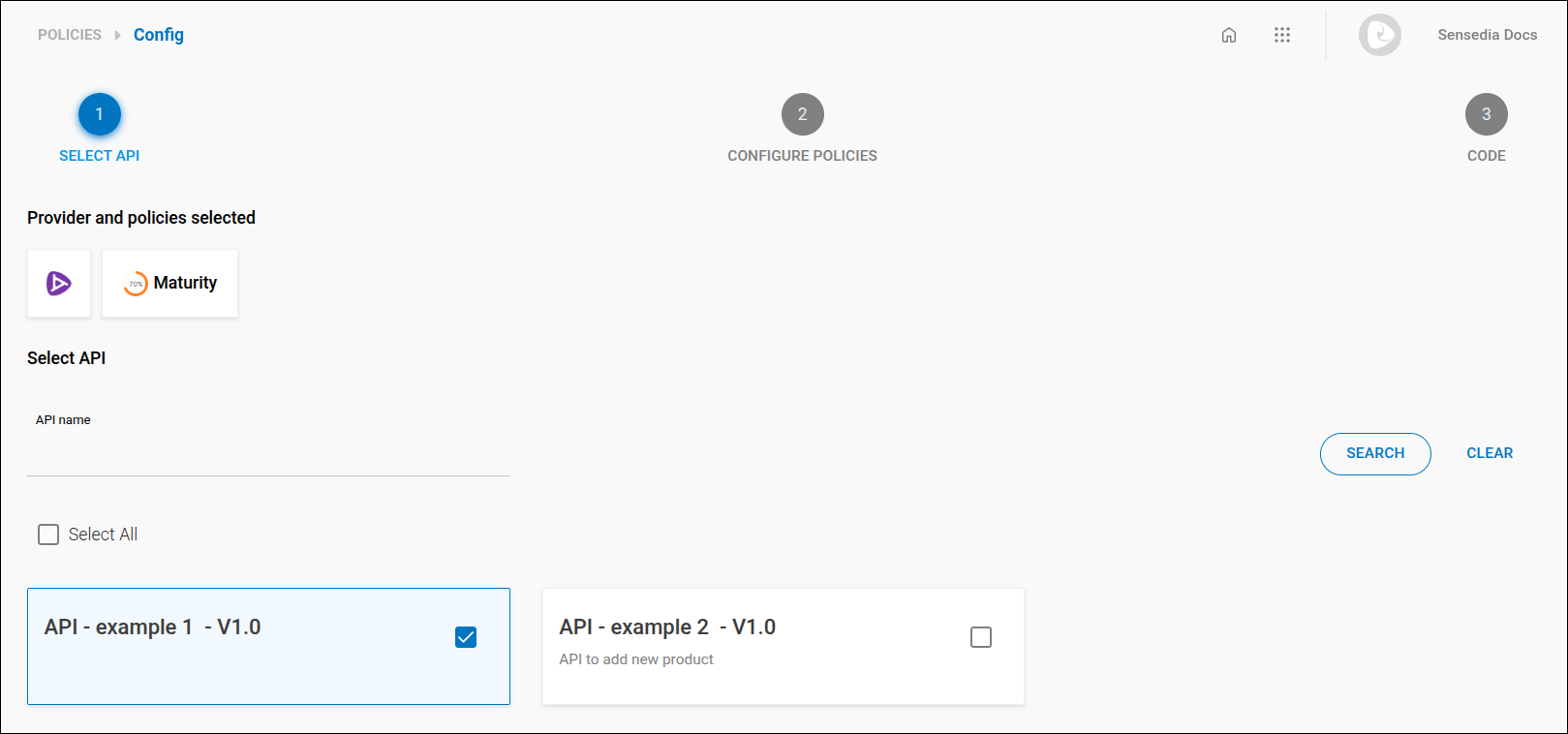 pantalla de políticas con el paso para la selección de las APIs