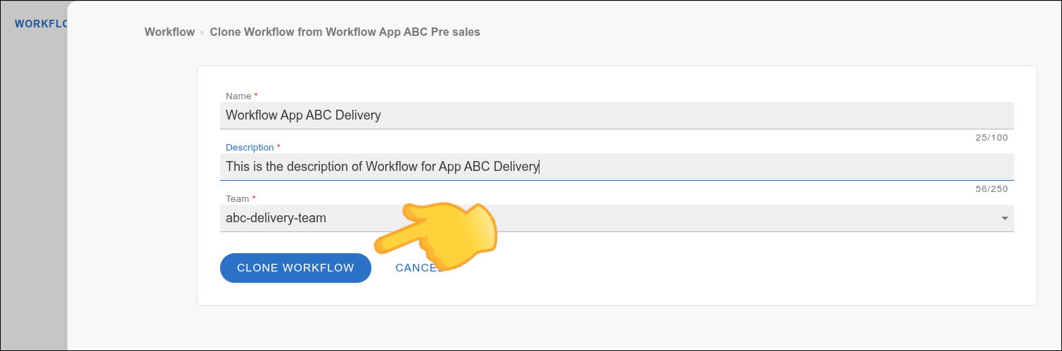 Pantalla de clonación de workflow con el botón CLONE WORKFLOW resaltado