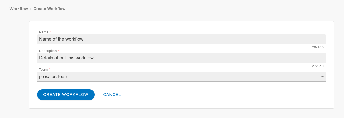 Pantalla de creación de workflow