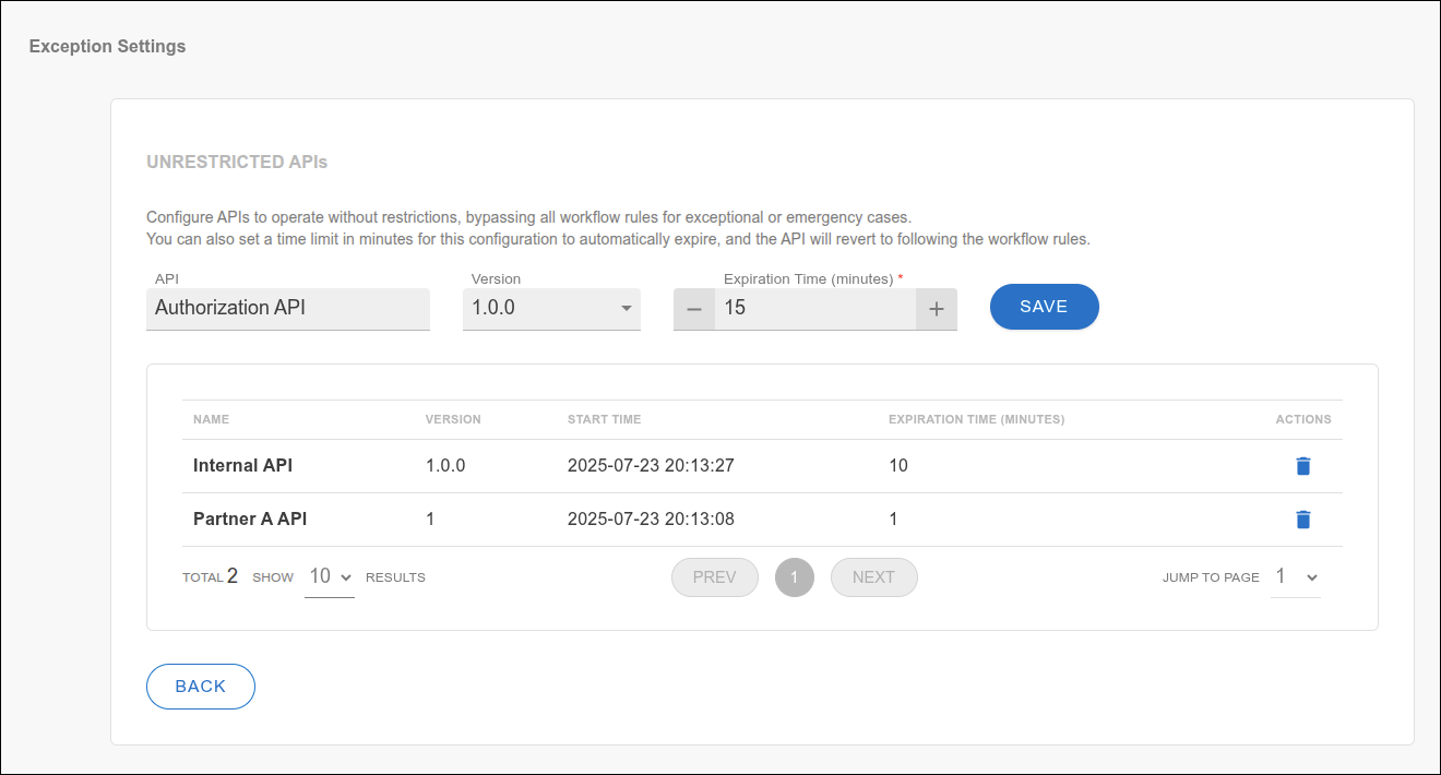 Pantalla de configuración de excepción
