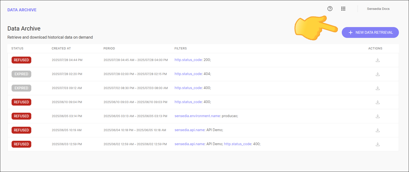 pantalla de data archive destacando el botón para crear una nueva solicitud de recuperación de datos