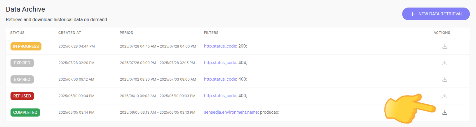 pantalla de data archive destacando el ícono de descarga del archivo generado