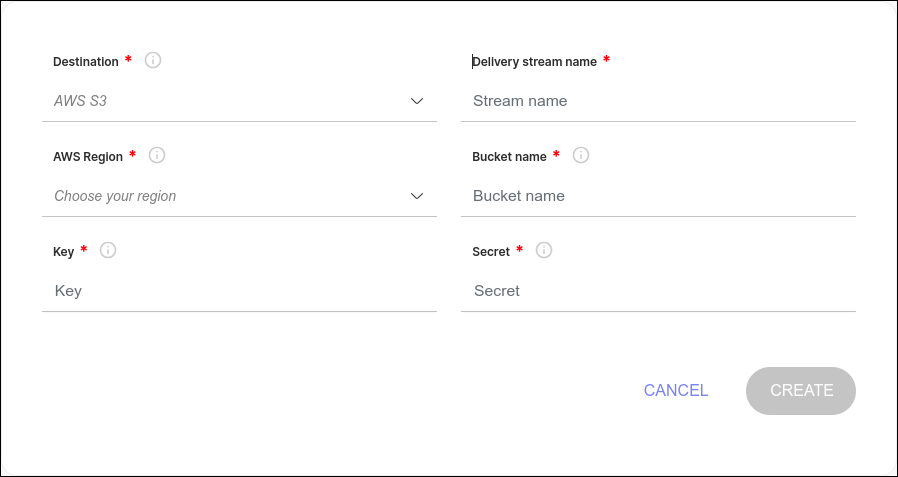 detalle de la pantalla de creación de streaming para aws