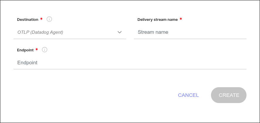detalle de la pantalla de creación del nuevo flujo de entrega para Datadog Agent OTLP
