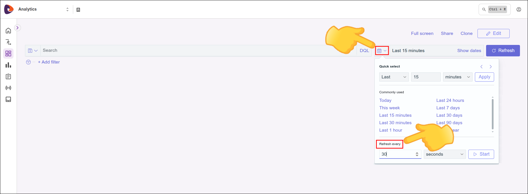Ejemplo de la configuración de refresh en el Dashboard