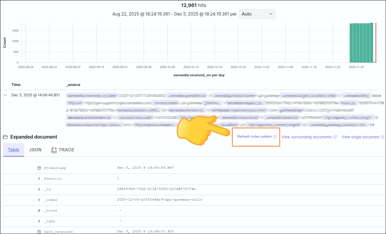 botón refresh index pattern en la interfaz del General trace