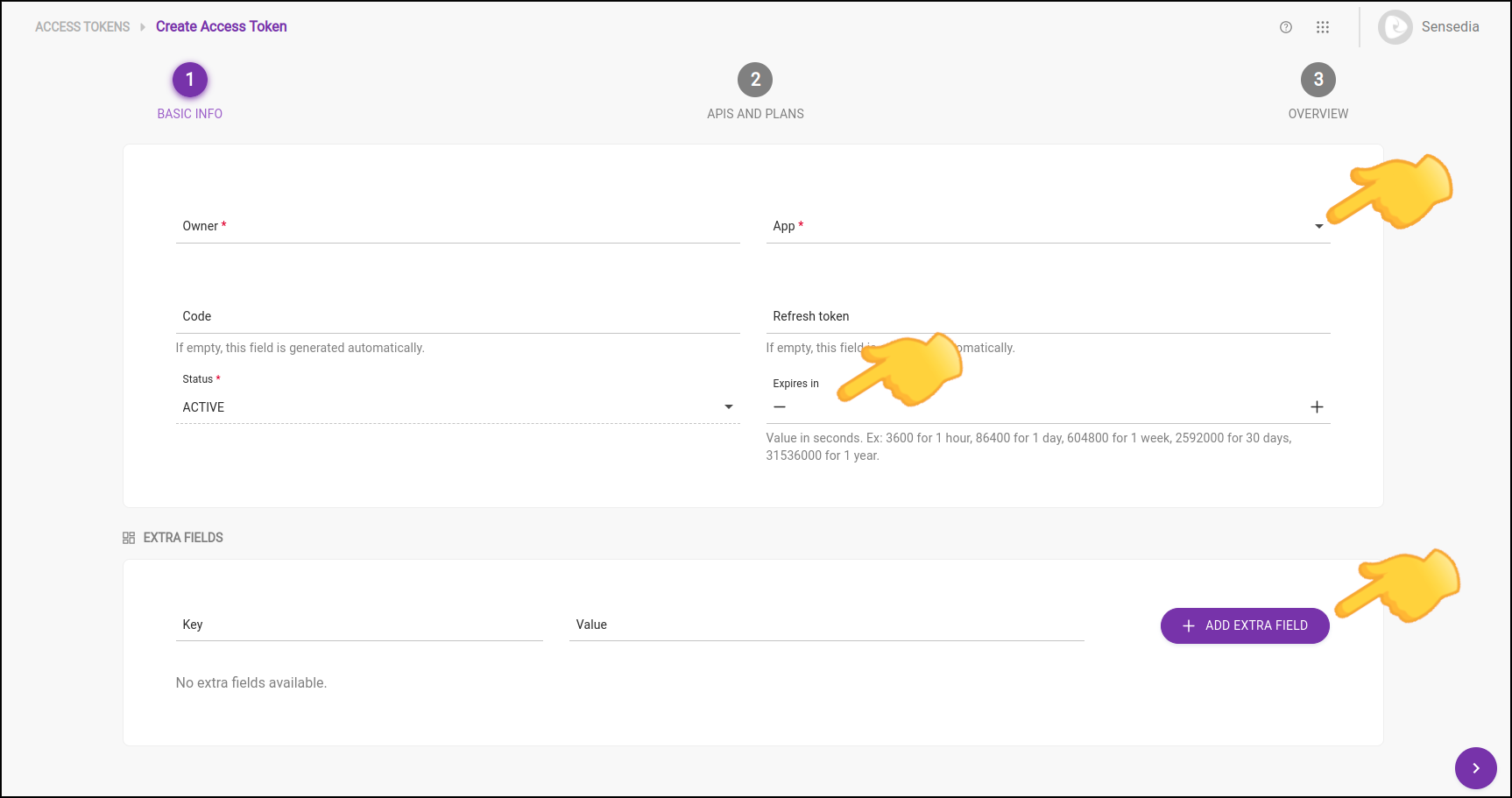 Parâmetros para criar um access token