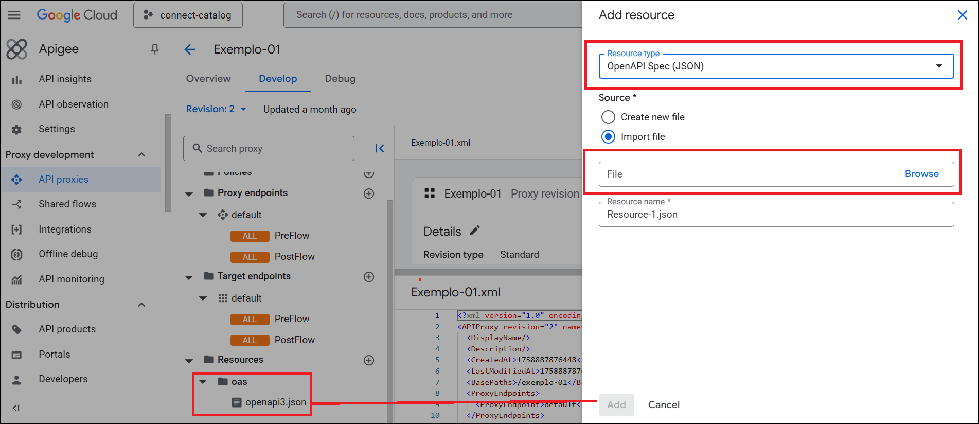 Pantalla de Apigee para adjuntar recursos