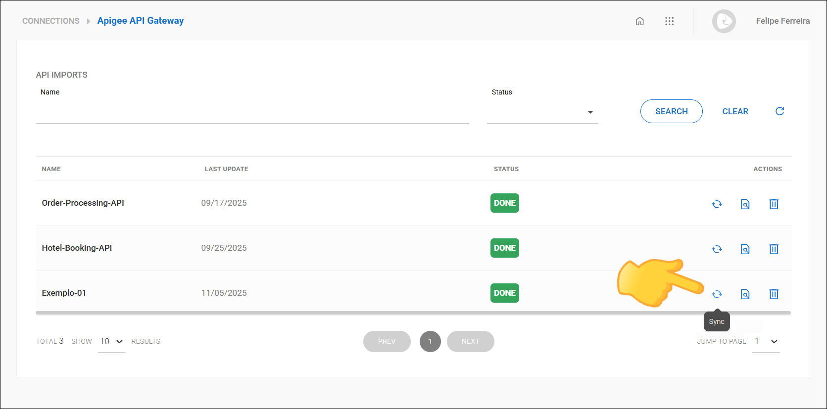 Resalte del botón para sincronizar APIs en la pantalla de conexiones con Apigee