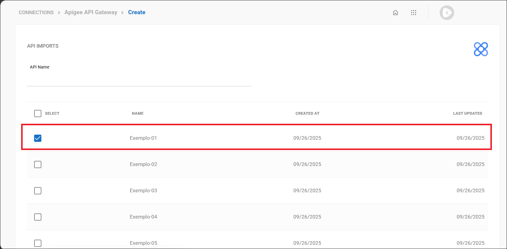 Pantalla de importación de APIs