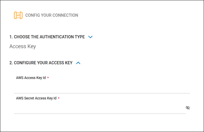 detalle de la pantalla de configuración con campos para AWS Access Key Id y AWS Secret Access Key Id