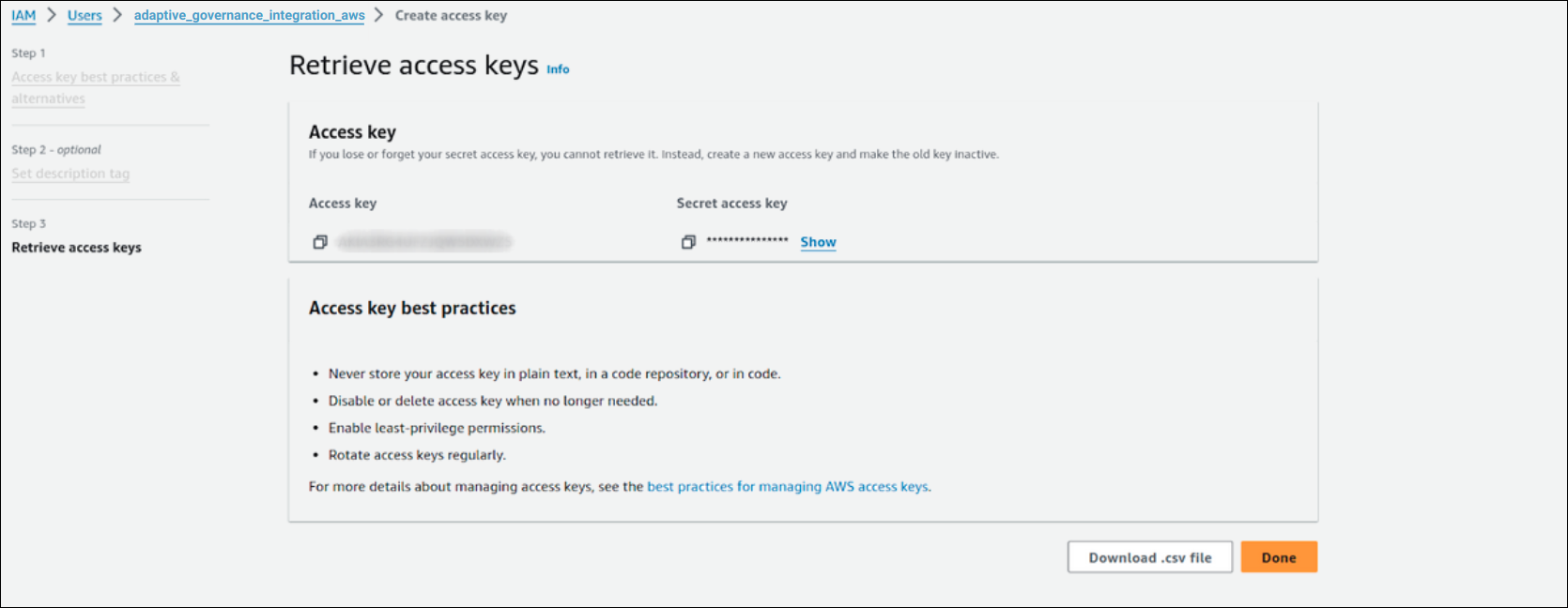 pantalla Retrieve access key