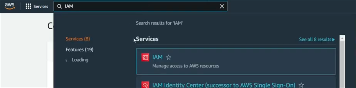 detalle de la pantalla de búsqueda del AWS Management Console con el resultado para la búsqueda de IAM