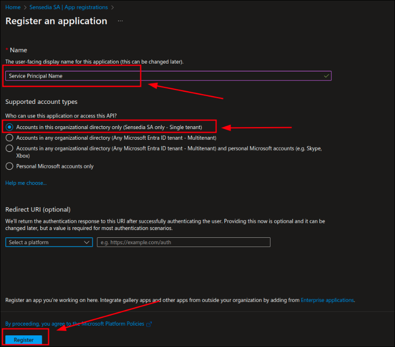 pantalla de Azure para la creación de un registro de aplicación