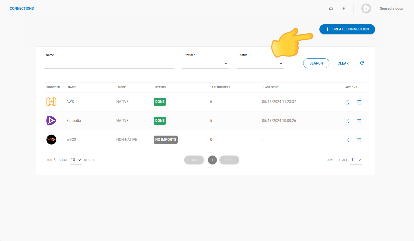 captura de pantalla de la pantalla connections con el botón create connection destacado