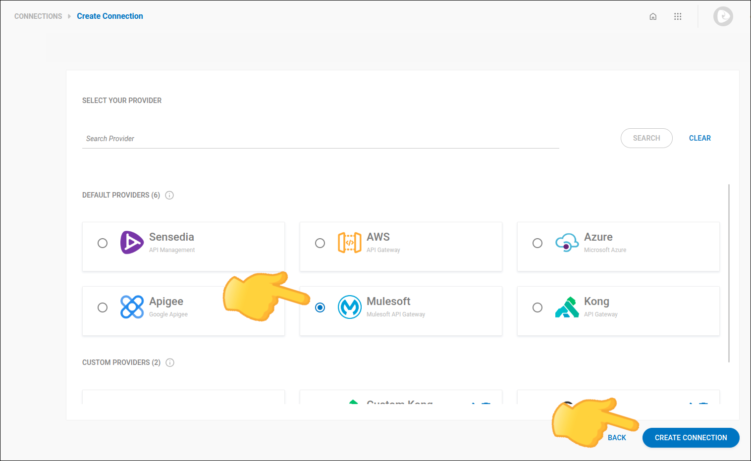 detalle de la pantalla de creación de conexión con la etapa 1