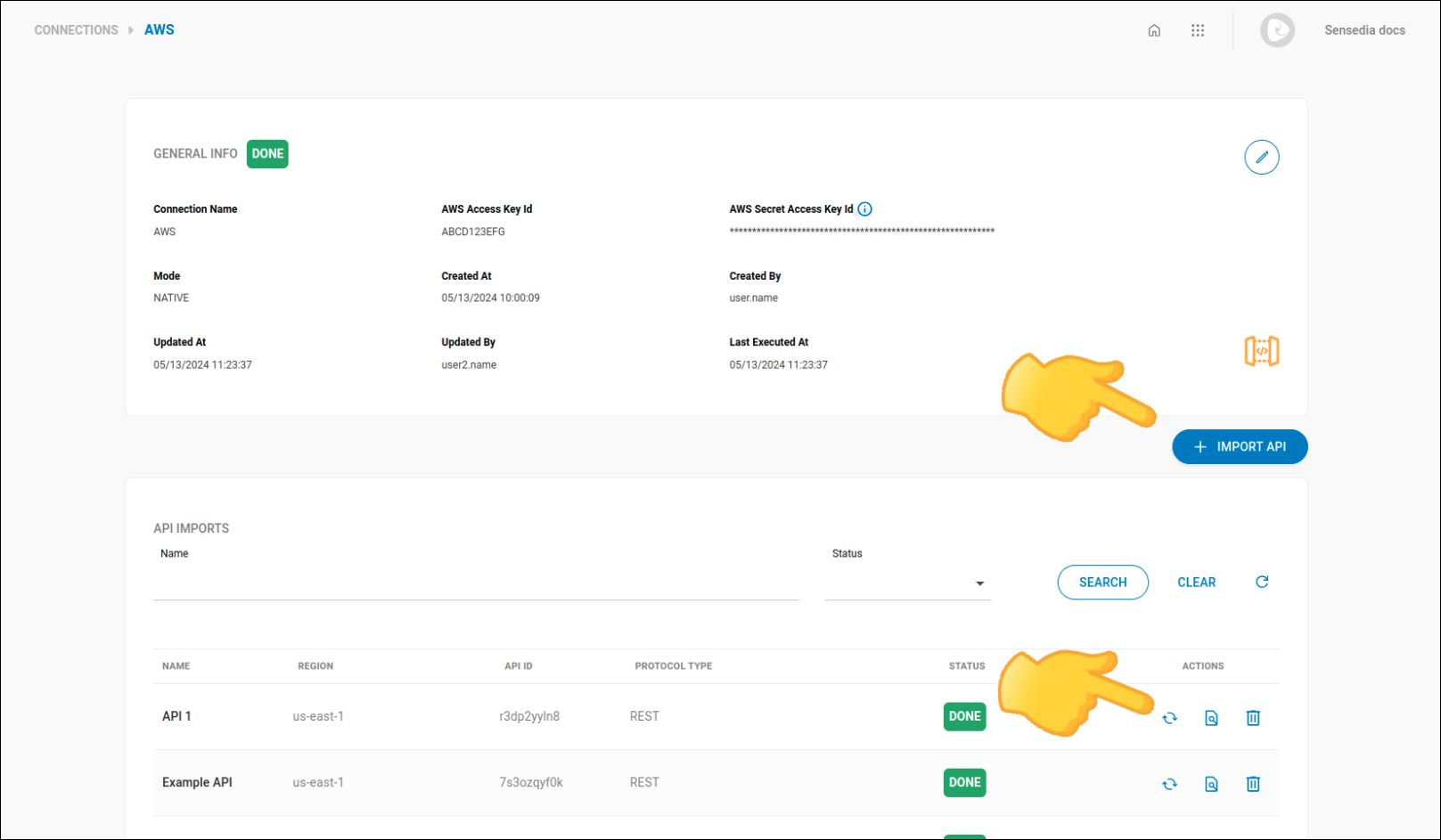 detalle con los botones para recargar APIs importadas