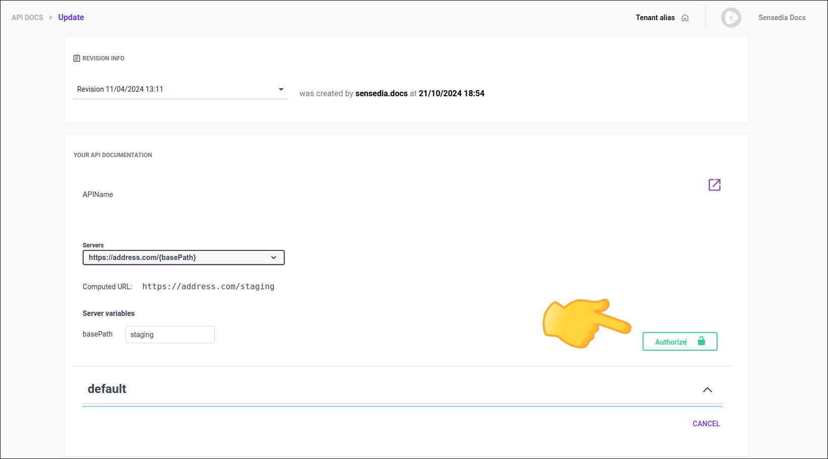 pestaña general info con énfasis en el botón authorize