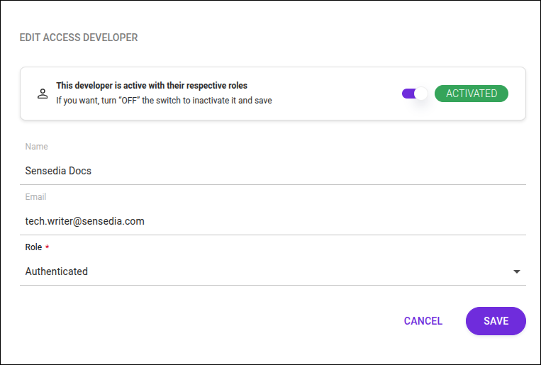 pantalla para editar el acceso de un desarrollador