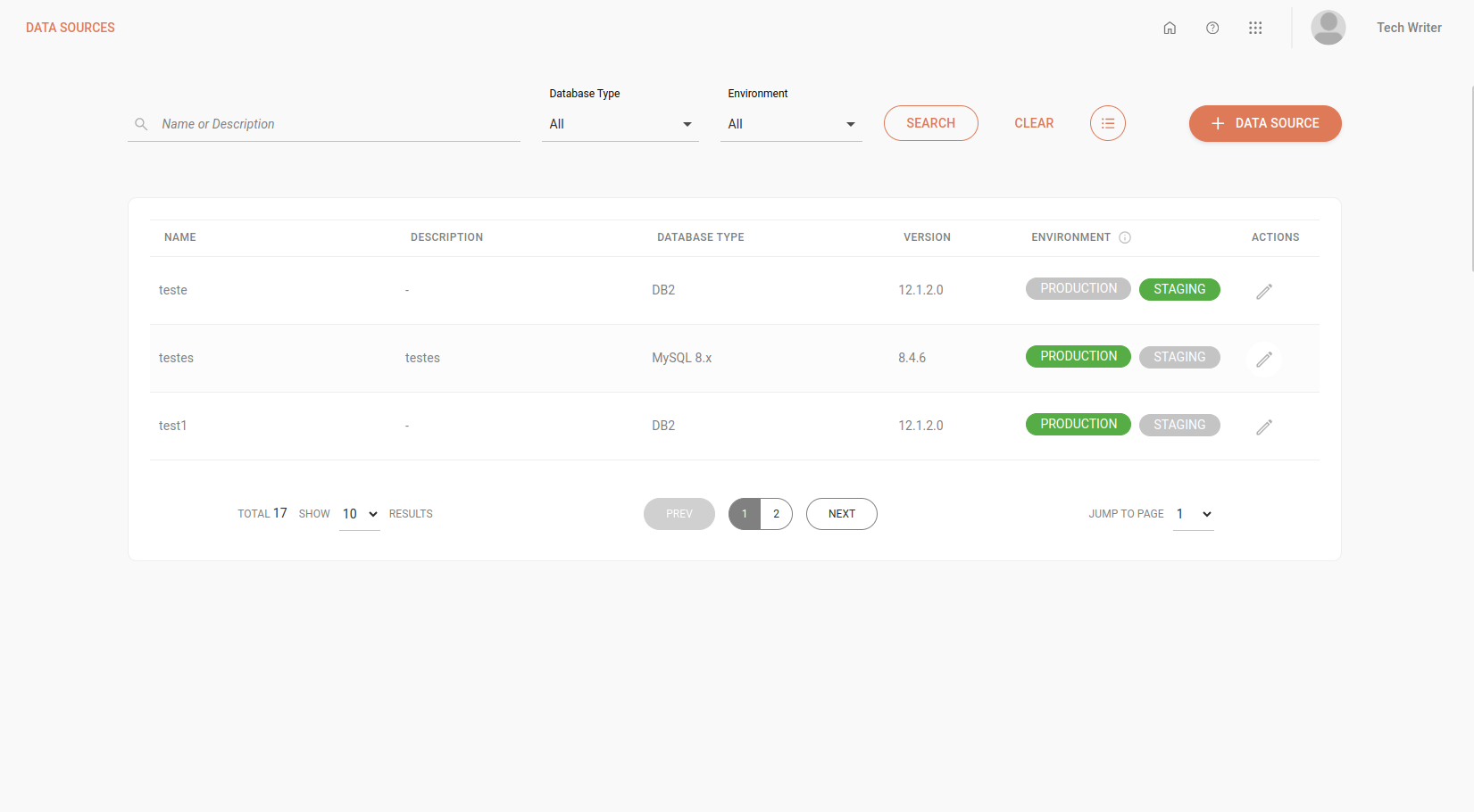 imagen de la pantalla Data Sources con data sources registrados