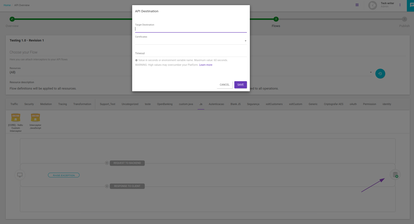 Configuración del destino de la API