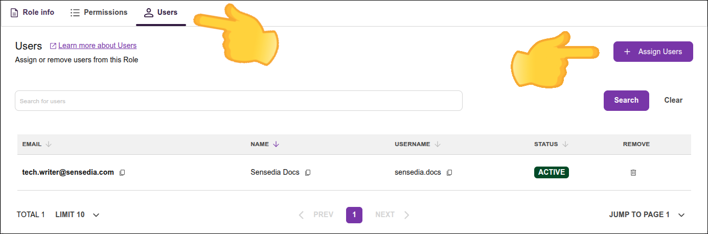 aba users com o botão assign user