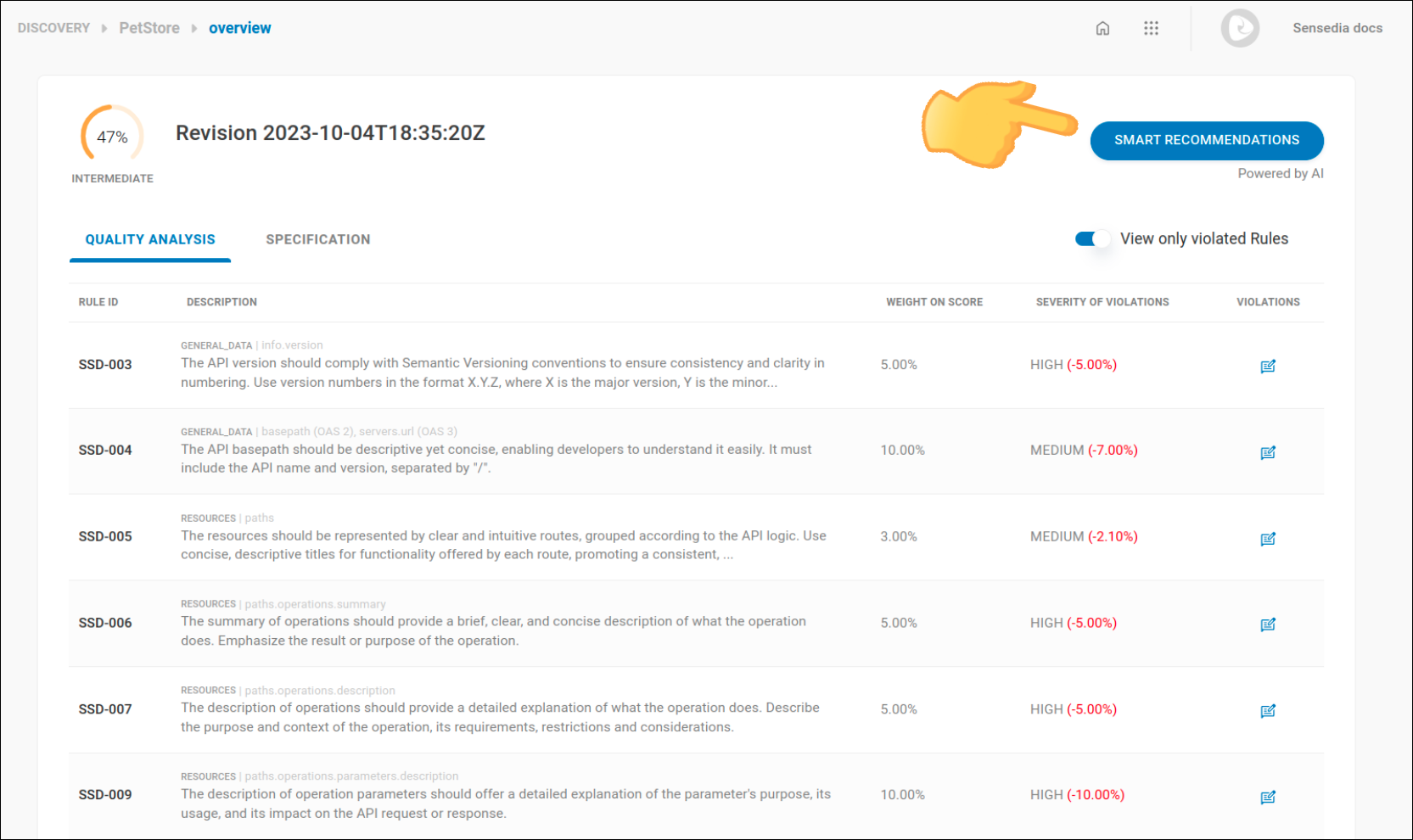 tela com indicação para o botão smart recommendations