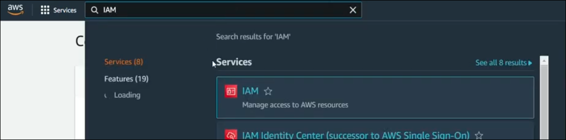 detalhe da tela de pesquisa do AWS Management Console com o resultado para busca por IAM