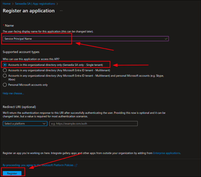 tela do Azure para criação de app registration