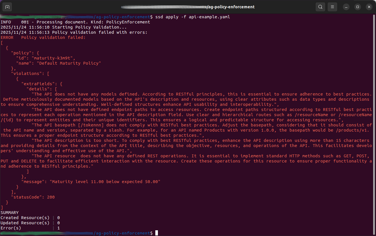 terminal Sensedia CLI com exemplo de mensagem de erro
