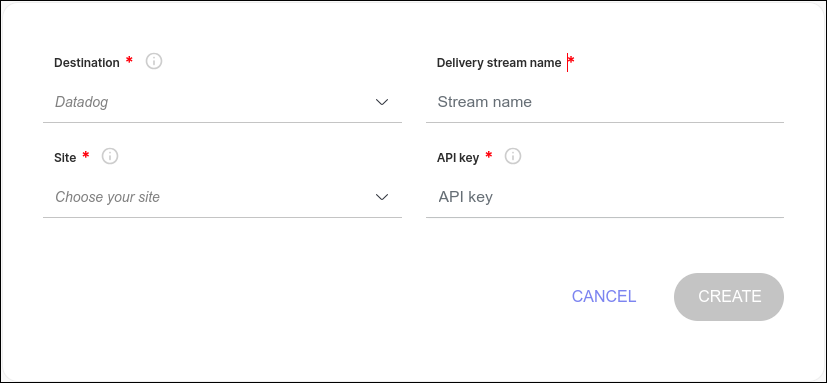 detalhe da tela de criação de novo delivery stream datadog