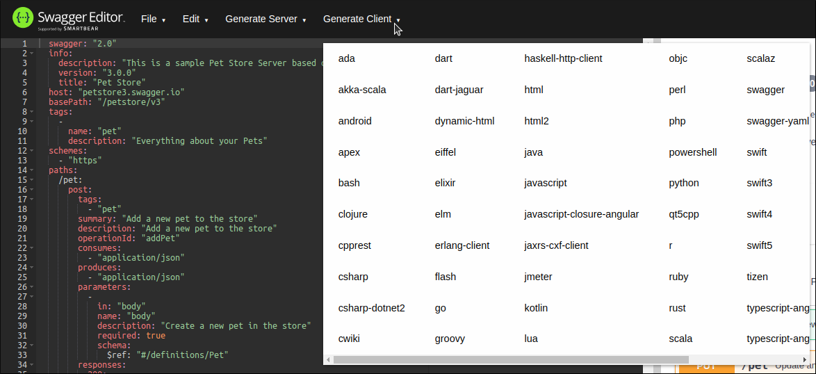 SwaggerEditor generateClient