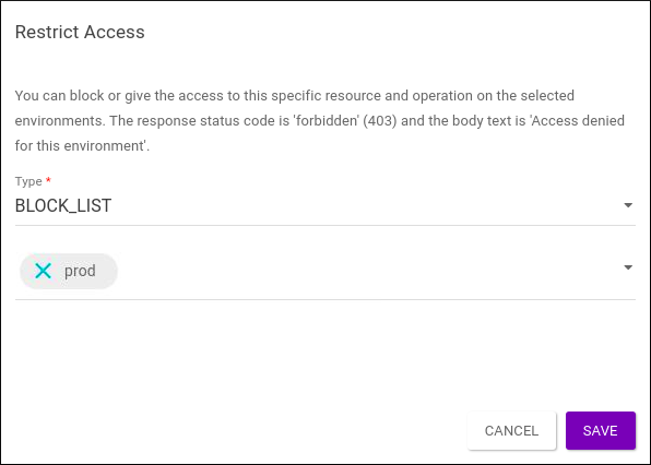 Parte da tela de configuração do interceptor Restrict Access do tipo Block_list com o ambiente prod selecionado