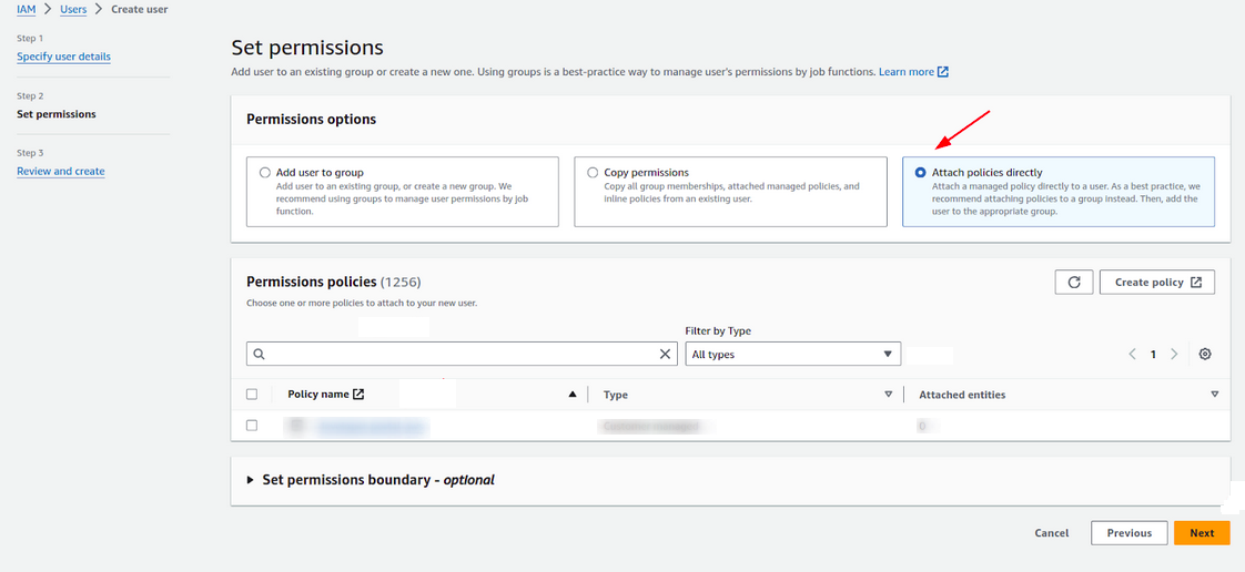 tela do painel de gerenciamento AWS com destaque para adicionar <em>policies</em>